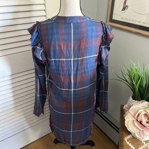 CLOTH STONE ANTHROPOLOGIE Dress Womens XS Blue Plaid Shift Ruffle Shoulder Fall - Picture 5 of 10